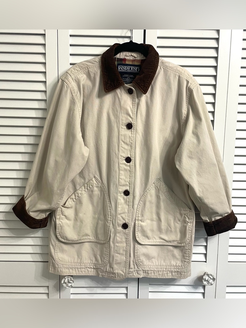 Vintage Lands End Barn Chore Field Jacket Women’s M Corduroy Collar Plaid Lined